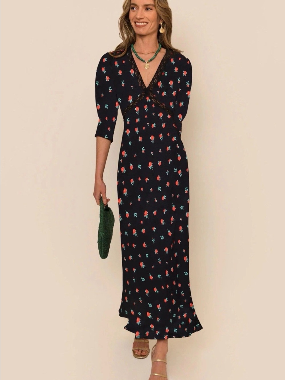 RIXO Black Midi Dress with Red & Teal Floral Motif